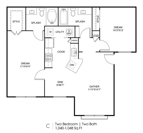Floor plan for 2 beds, 2 baths, 1048 sqft